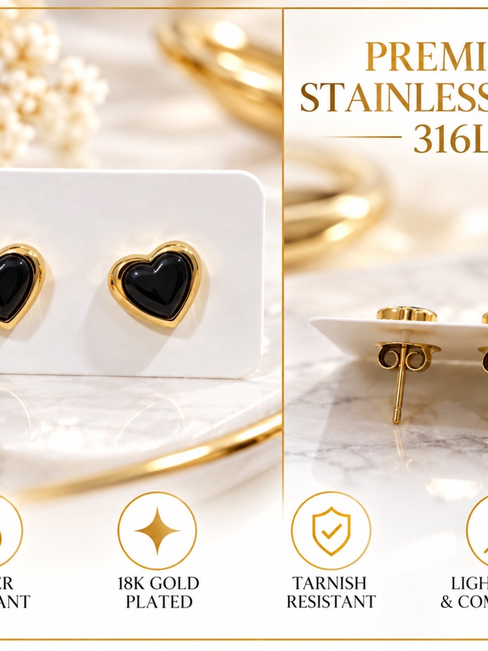 Black Heart 18K Gold-Plated Stud Earrings